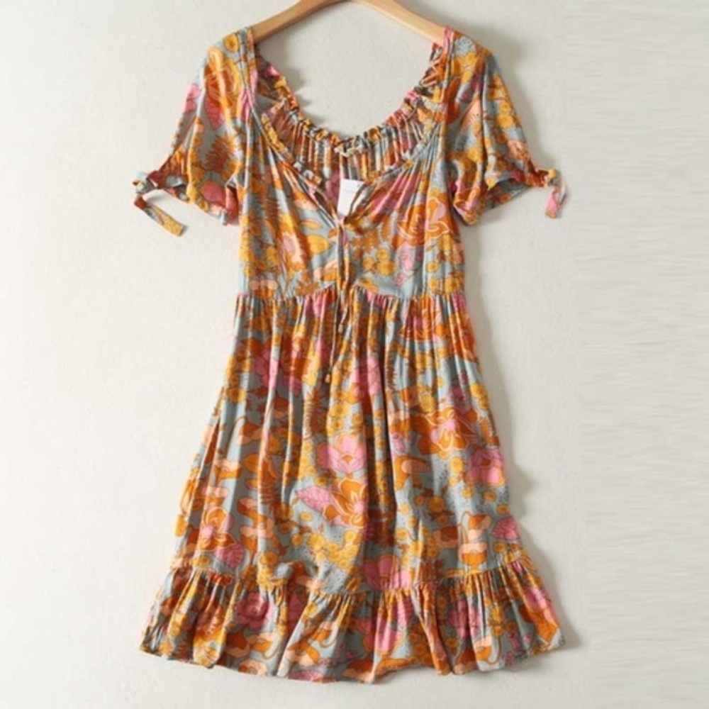 SOLD OUT Boho Orange Gypsy Retro Floral Babydoll Dress - Picture 4 of 5